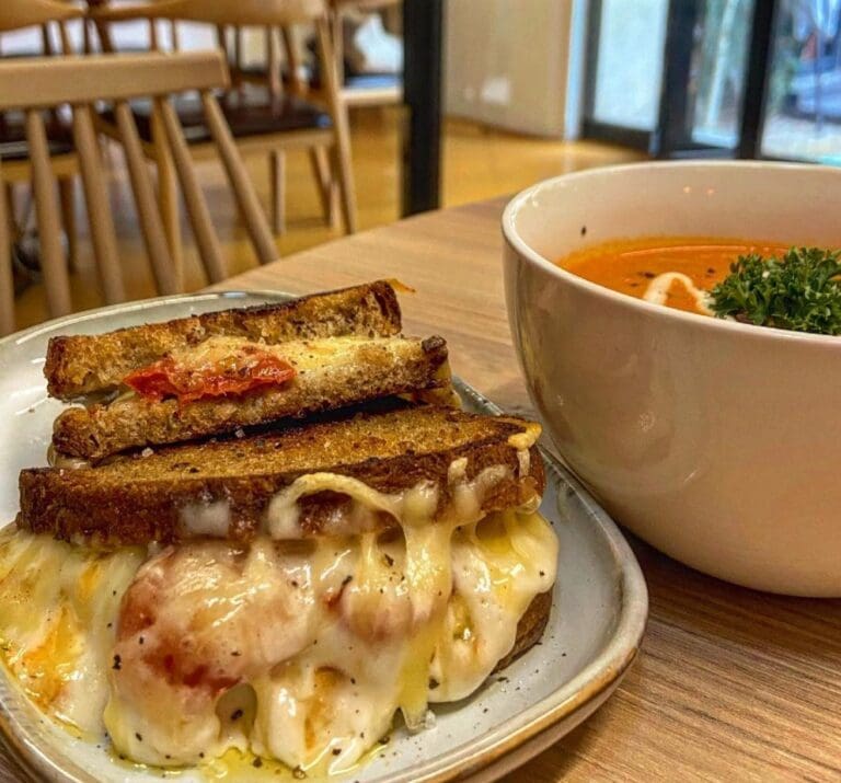 toasted cheese sandwich and soup