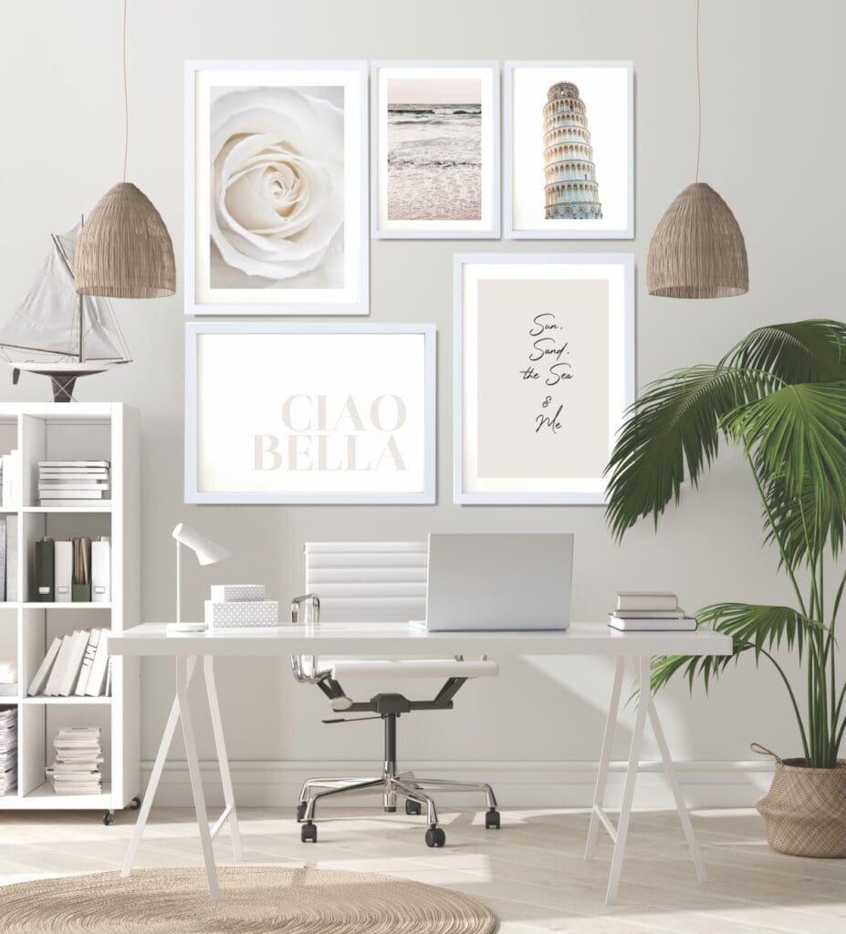 Poster, wall mock up in home interior background, home office, Scandinavian style, 3d render