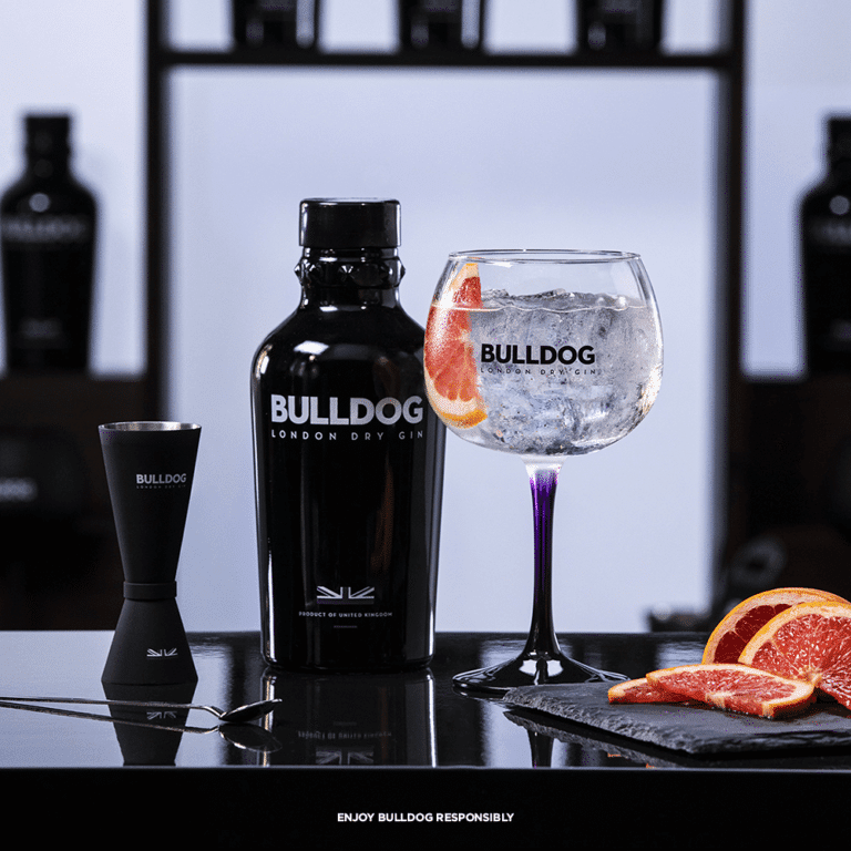 View of London Bulldog Gin with cocktail