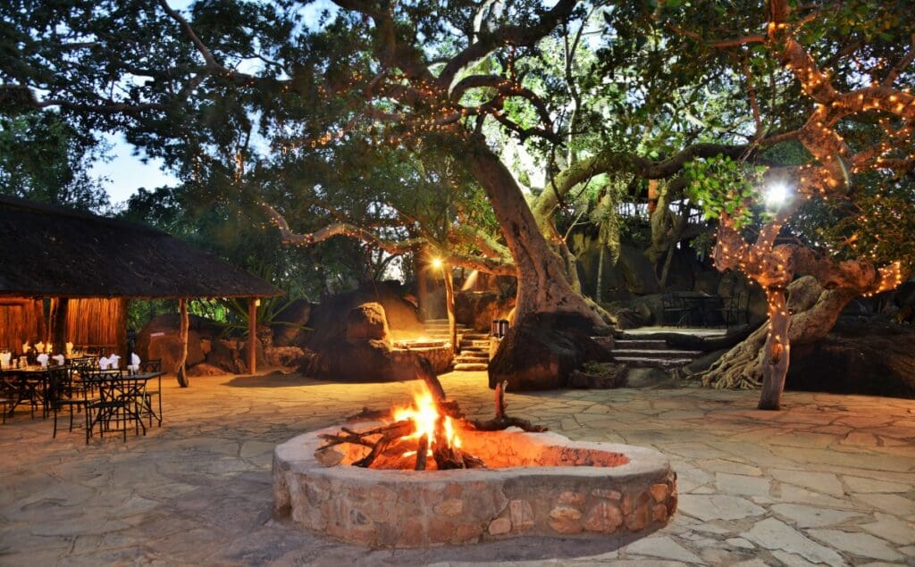 Entrance of lodge with open fire