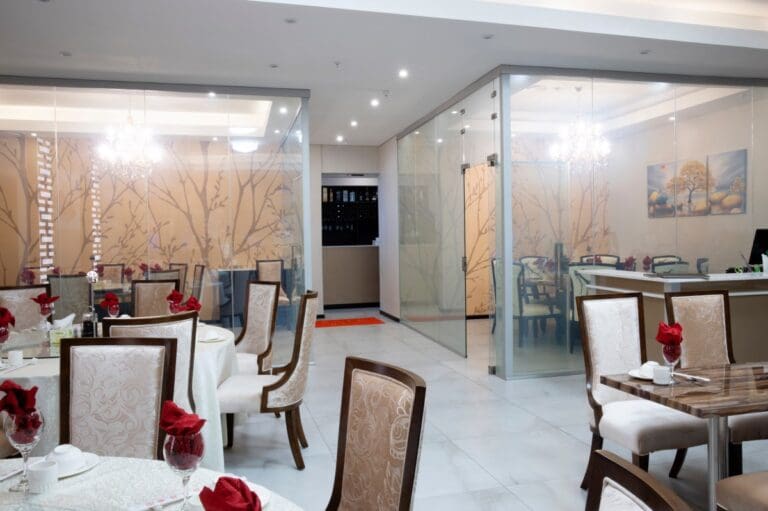 Restaurant interior with tables and chairs