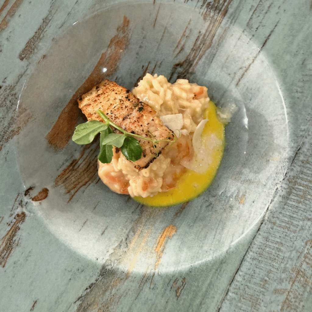 Chef’s Table Seared Sea Bass and Prawn Rissoto