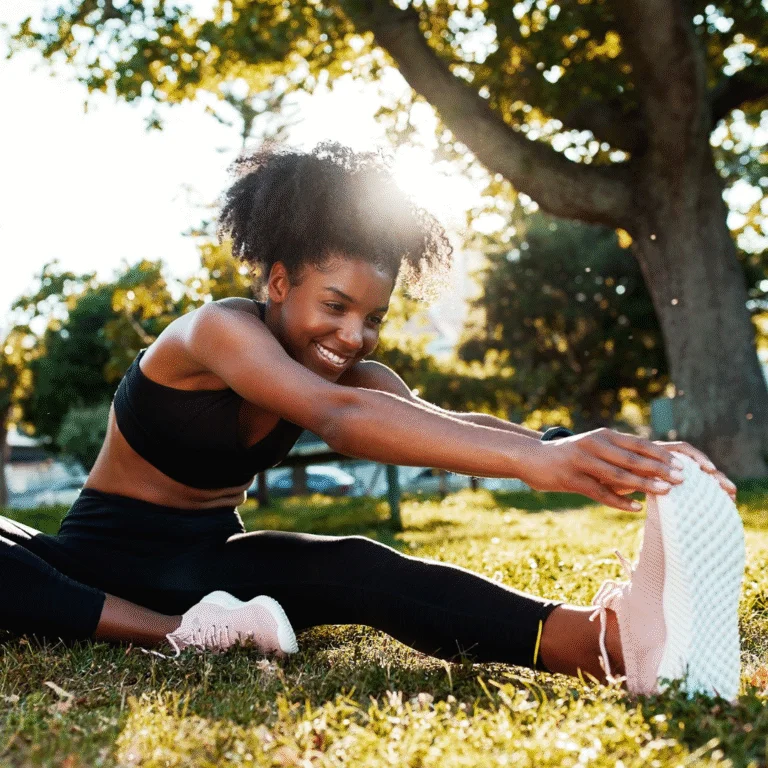 Lady stretching in the park, part of Momentum Multiply‘s reward for living well