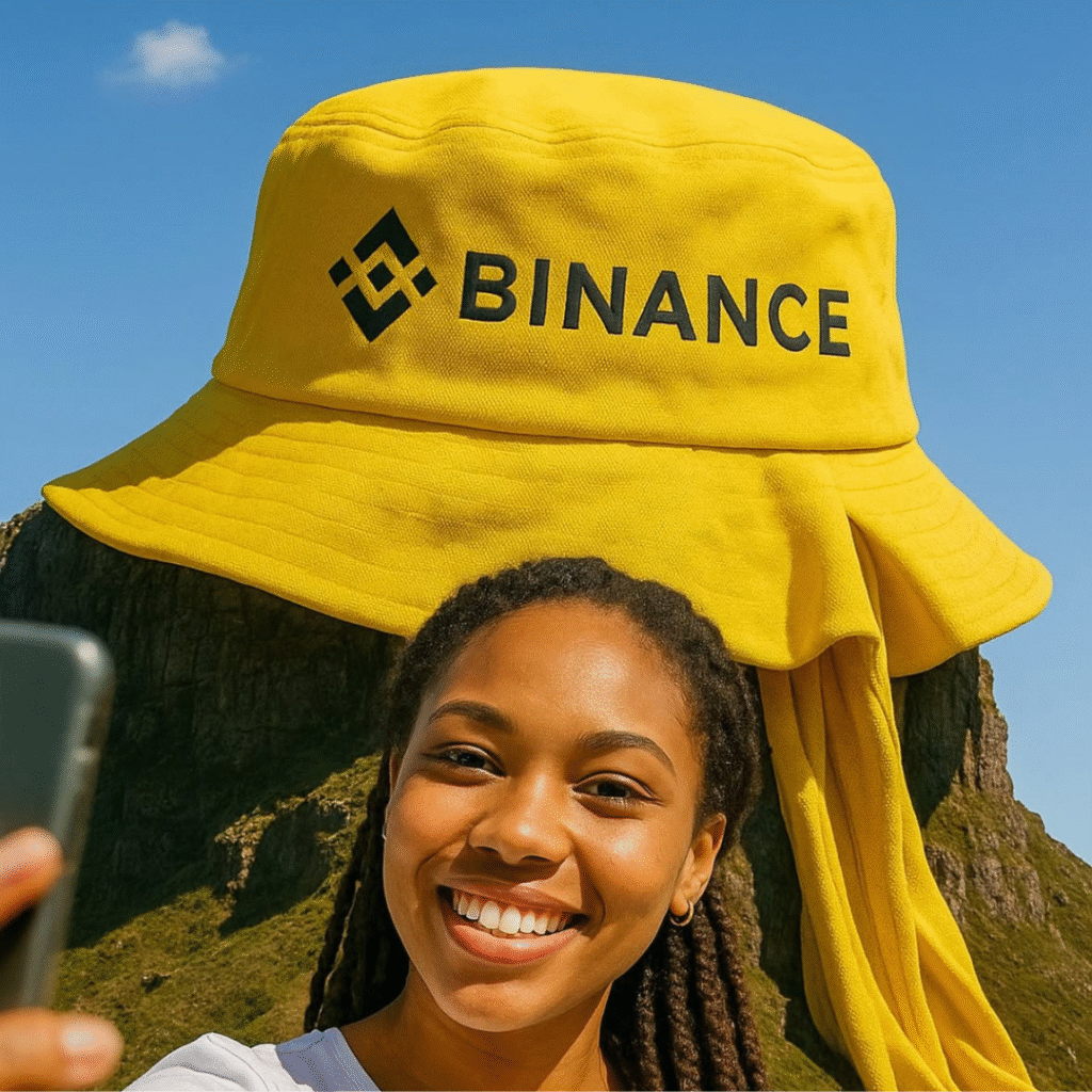 A woman smiling in front of a Binance Pay hat