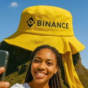 A woman smiling in front of a Binance Pay hat