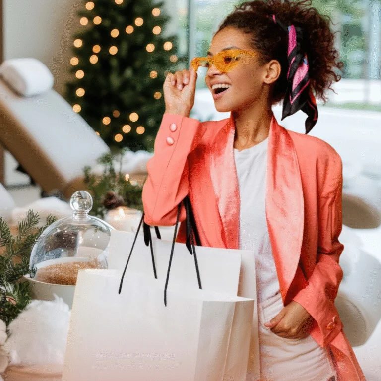 Lady with shopping bags in front of Christmas Tree at Hotel Sky
