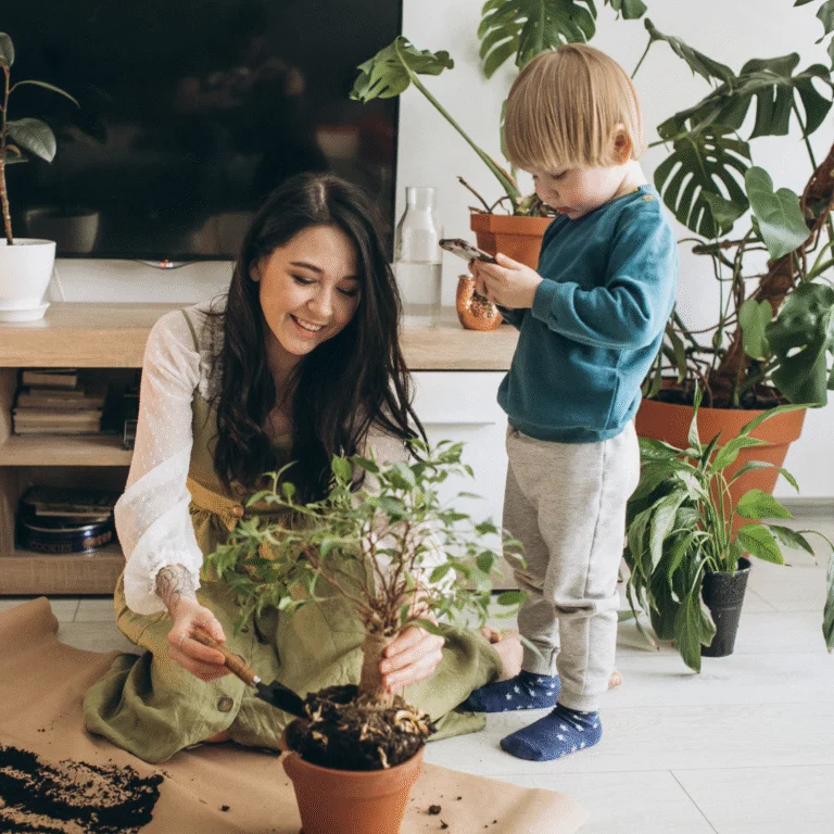 A mother and her son learning the art of plant parenting in their home