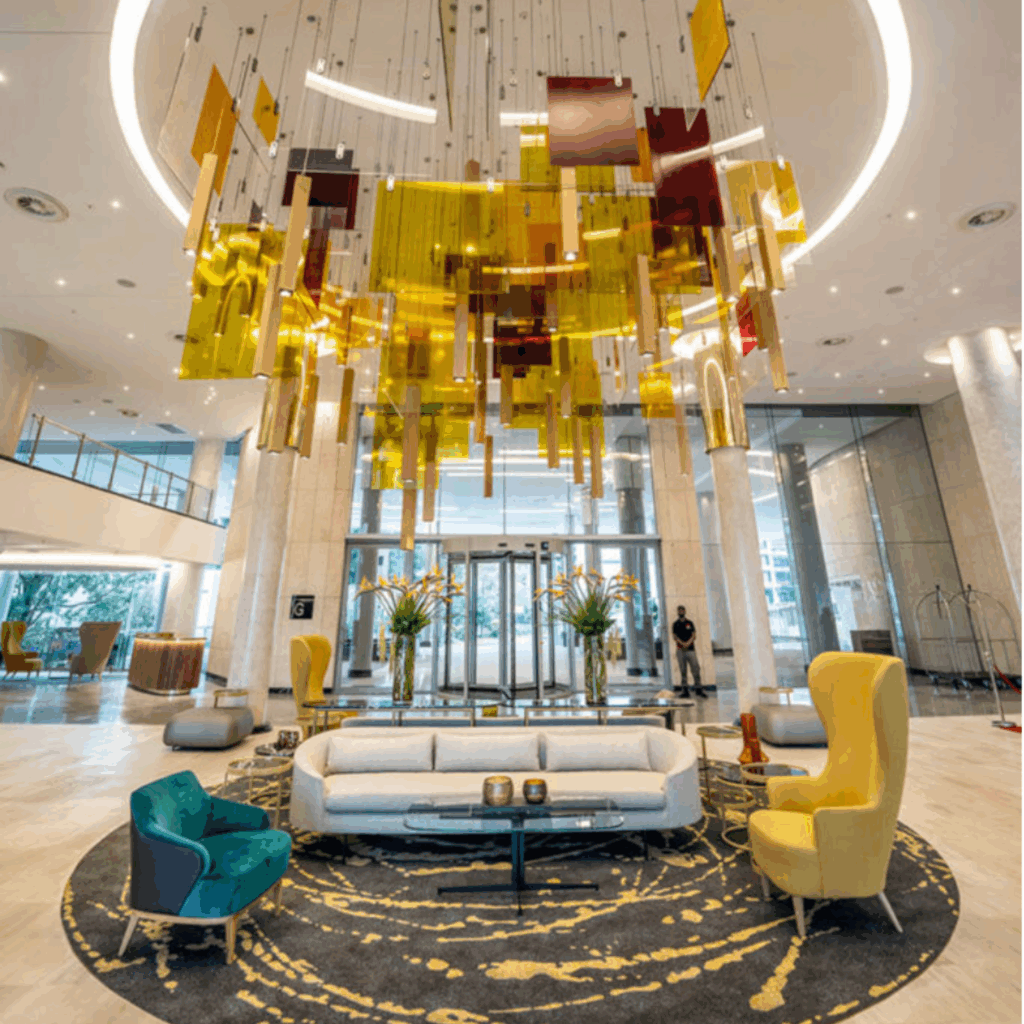 @Sandton Hotel Foyer hanging chandelier and couches