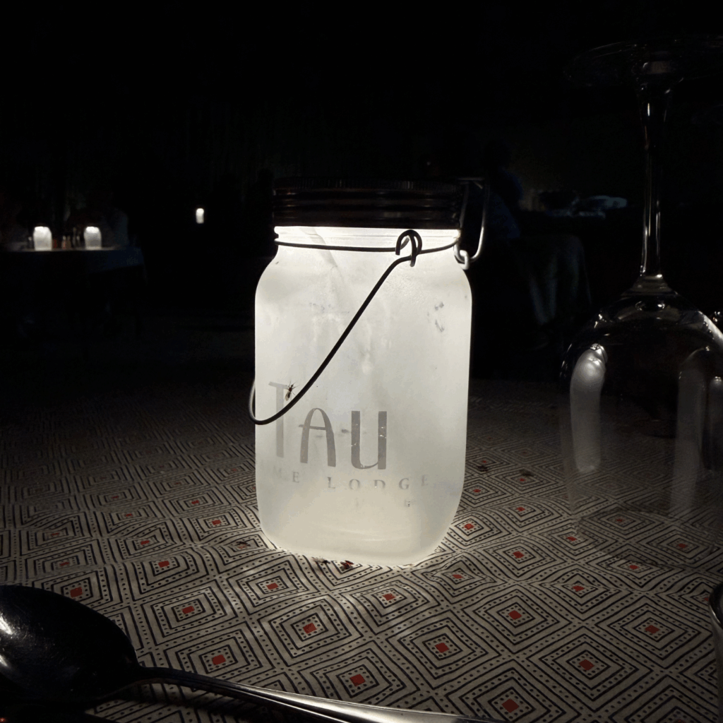 Tau Game Lodge nighttime table lanterns