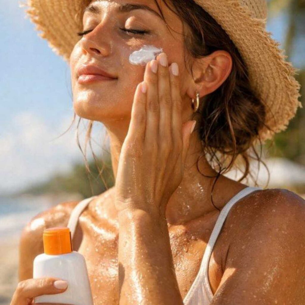 Woman putting on sunblock