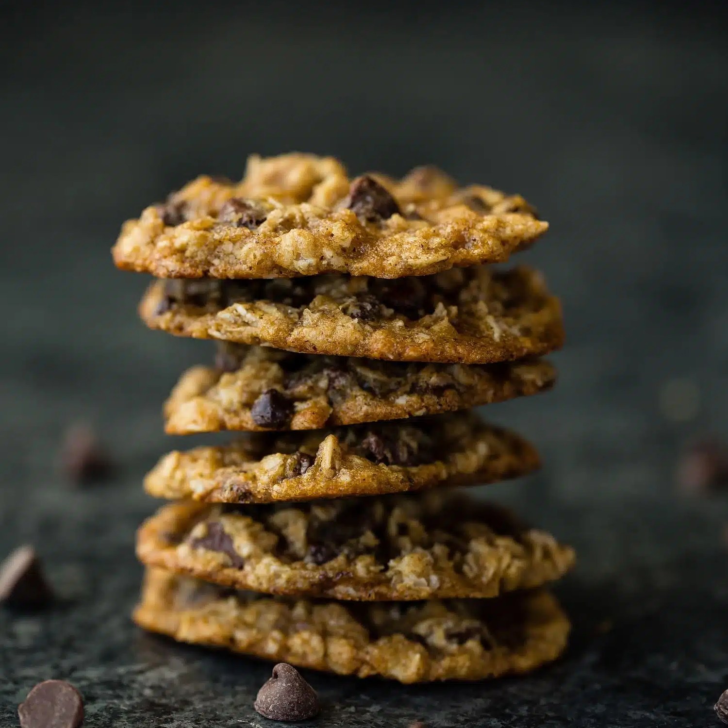 A stack of chocolate chip cookies.