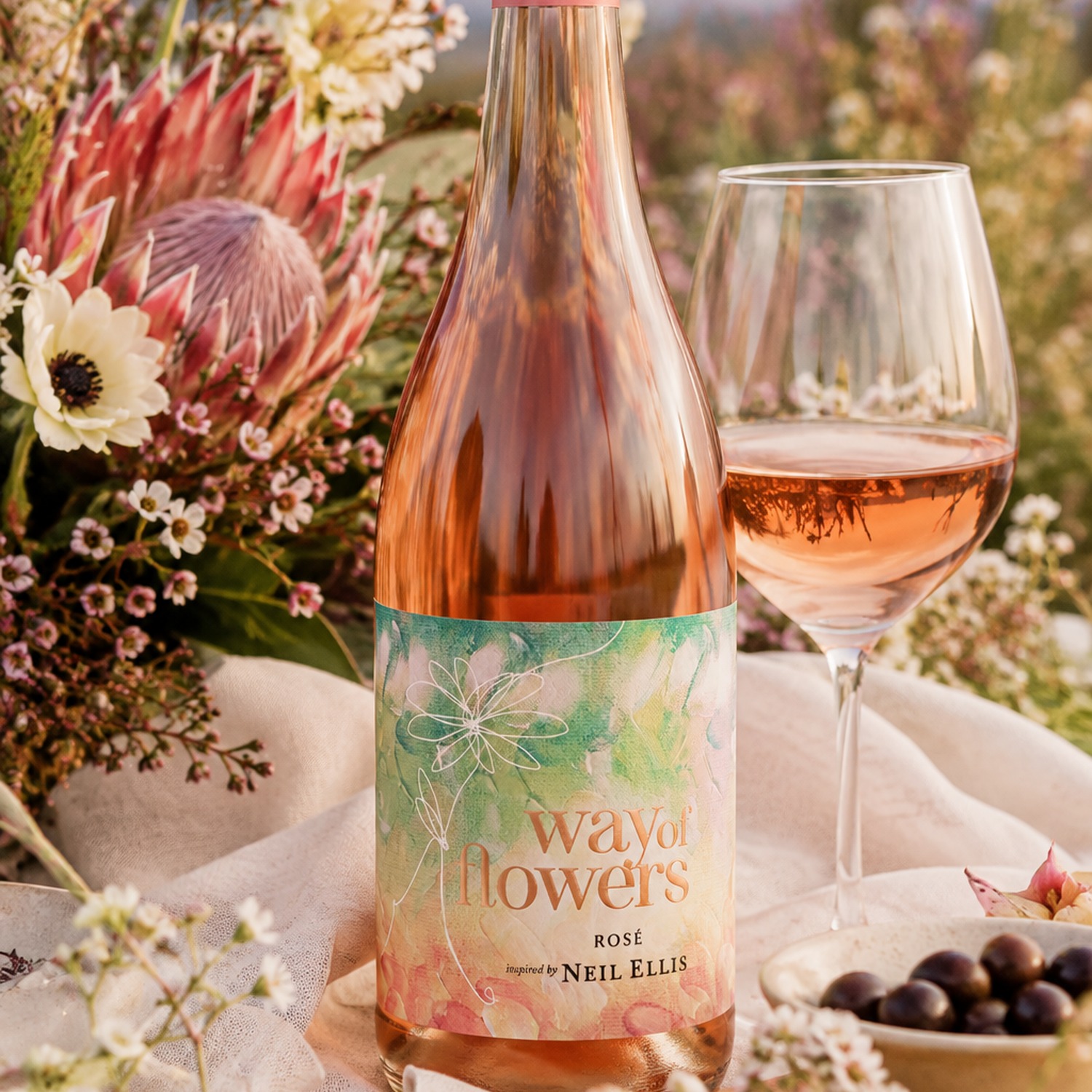 Bottle of Neil Ellis Way of Flowers rosé beside a wine glass and flowers