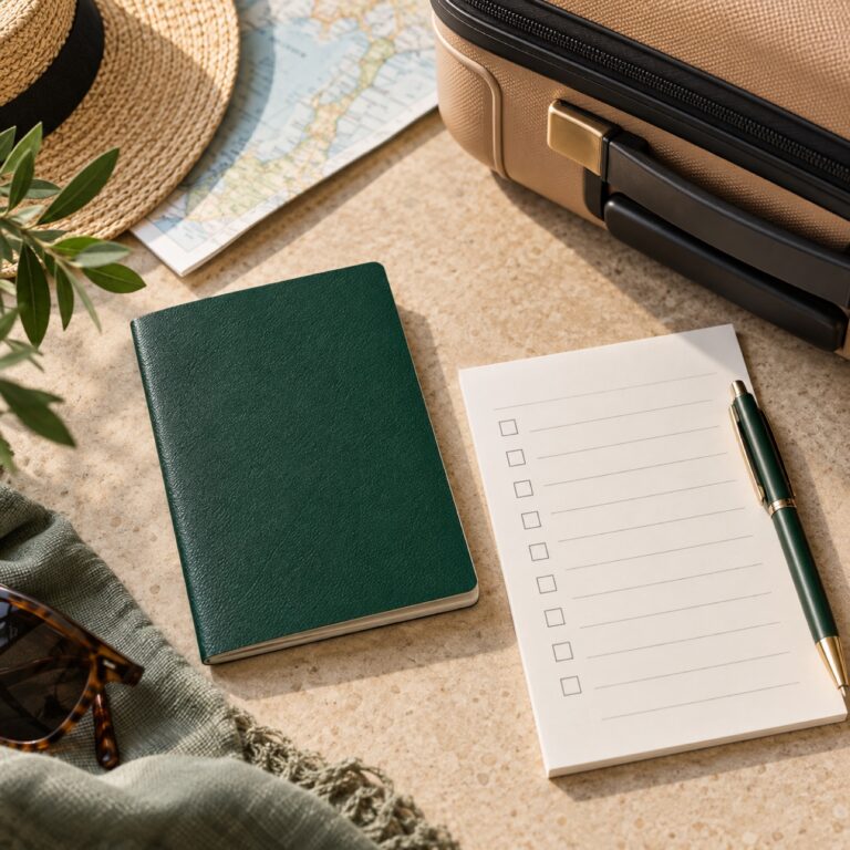 Green travel booklet, blank checklist and pen beside a tan suitcase.